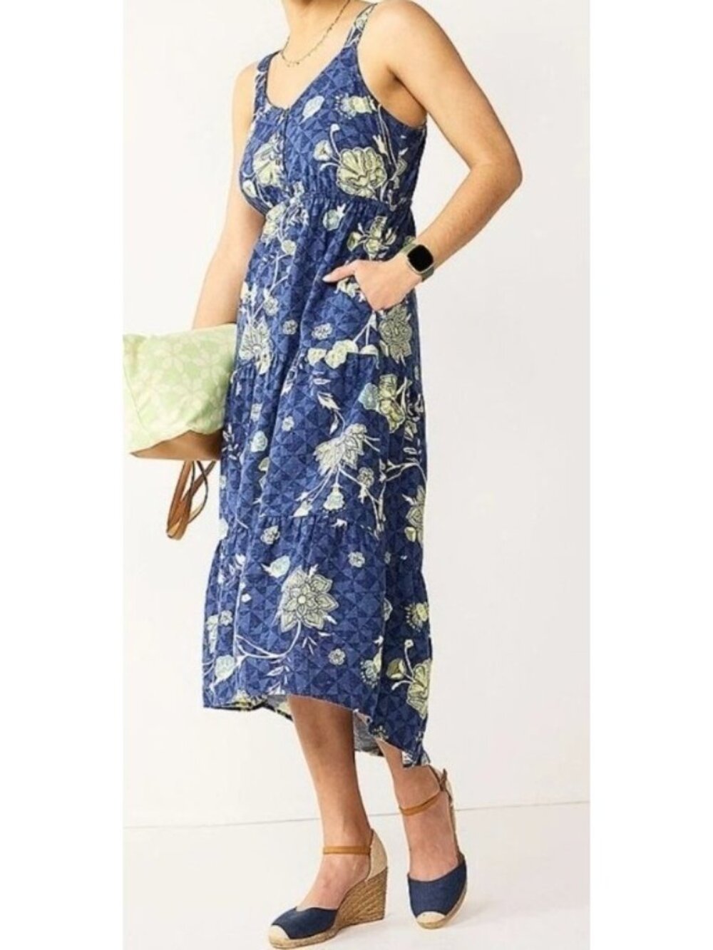 Sonoma Maxi Dress 1X Blue Floral Linen Smocked Tiered Sundress Cottage